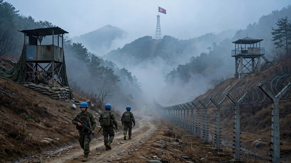 Blue-helmeted UN patrol soldiers walk past a barbed-wire fence in the misty Korean Demilitarized Zone, with watchtowers and a North Korean flag visible in the distance.