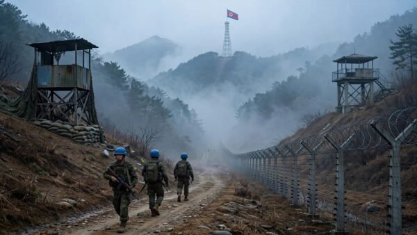 Blue-helmeted UN patrol soldiers walk past a barbed-wire fence in the misty Korean Demilitarized Zone, with watchtowers and a North Korean flag visible in the distance.