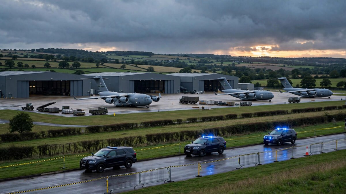 Military airbase at dusk with cargo aircraft and a police cordon on the perimeter road