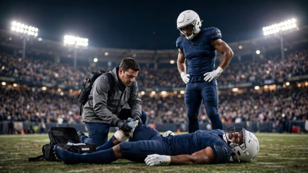 Brian Burns lying on the turf as a Giants medical staffer treats his knee under night stadium lights