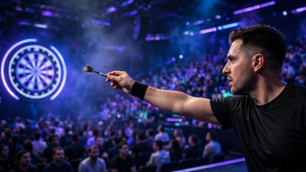 A darts player mid-throw in a packed arena during the World Grand Prix.