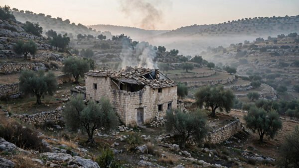 A damaged stone house with smoke rising from its roof in the West Bank village of Jalud after an attack by Israeli settlers.