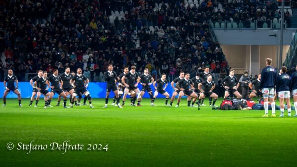 The All Blacks perform the haka before a Test match.