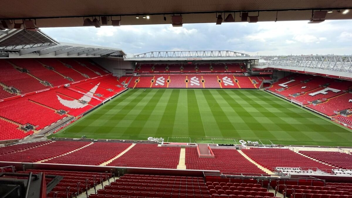Anfield stadium in Liverpool, showing the pitch and red seats, May 2024 file photo.