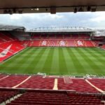 Anfield stadium in Liverpool, showing the pitch and red seats, May 2024 file photo.