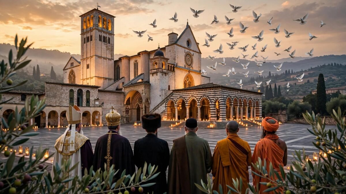 The Basilica of St. Francis in Assisi at dusk, with white doves rising over the square and religious leaders of different faiths standing together before the basilica