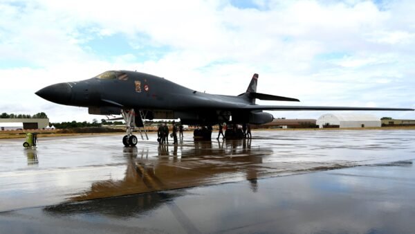File photo: a U.S. Air Force B-1B Lancer parked on the tarmac at RAF Fairford, Gloucestershire, on 15 July 2025.