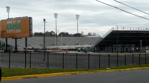 Bragg Memorial Stadium, home of the Florida A&M Rattlers, seen from Perry Street in Tallahassee, Florida.