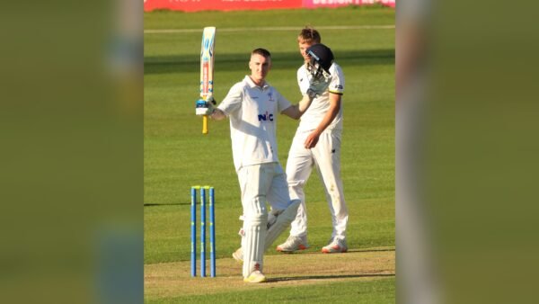 File photo: England captain Harry Brook raising his bat after a century.