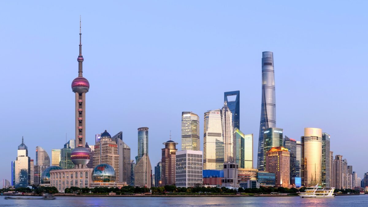 File photo: the Pudong financial district skyline in Shanghai at dusk.
