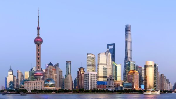 File photo: the Pudong financial district skyline in Shanghai at dusk.