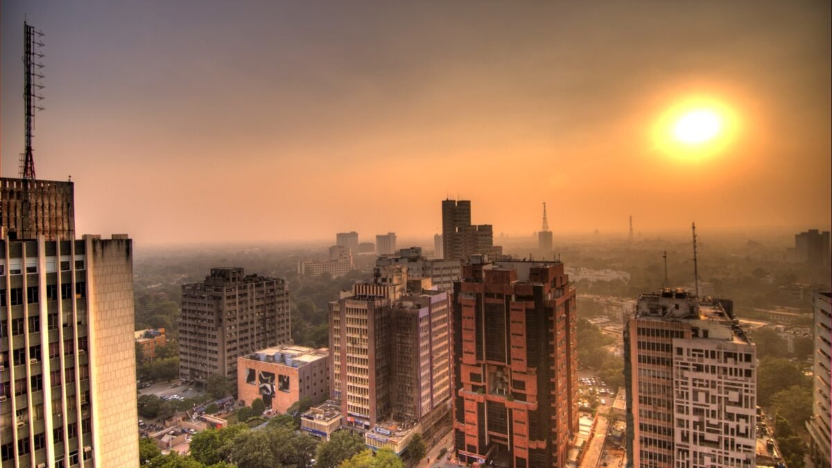 Aerial view of Connaught Place in New Delhi at sunset, the district where thousands rallied on Friday demanding the resignation of India's election chief.