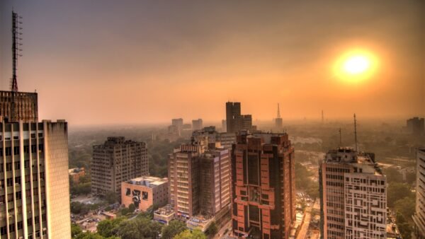 Aerial view of Connaught Place in New Delhi at sunset, the district where thousands rallied on Friday demanding the resignation of India's election chief.