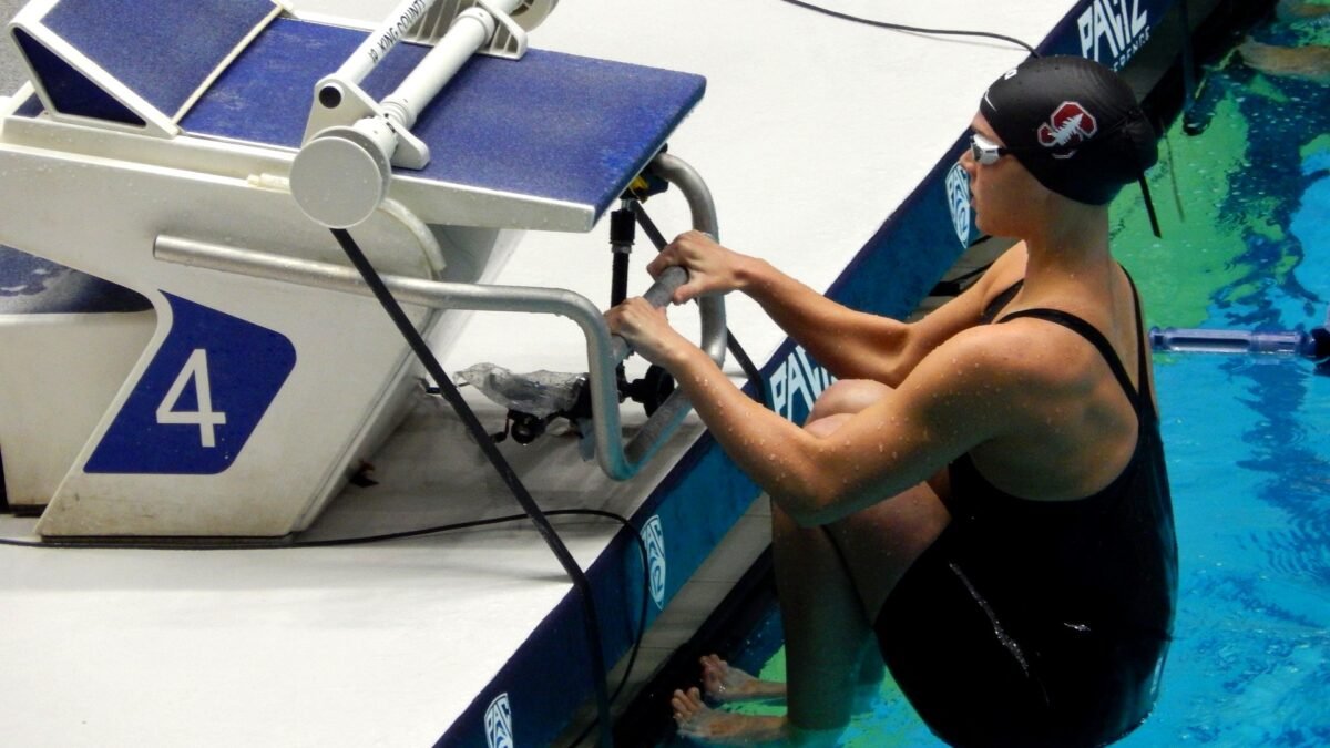 File photo: Claire Curzan prepares to start a 100-metre backstroke race at the 2023 Pac-12 Championships in Federal Way, Washington.