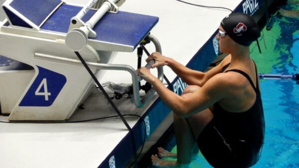 File photo: Claire Curzan prepares to start a 100-metre backstroke race at the 2023 Pac-12 Championships in Federal Way, Washington.