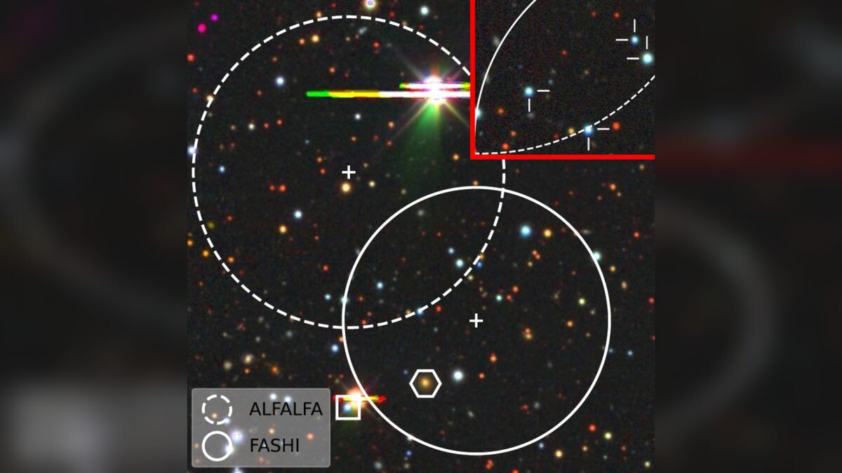 Colour image of the sky field of AGC 322753 from the DESI Legacy Imaging Surveys, showing the overlapping Arecibo (ALFALFA) and FAST (FASHI) telescope beams and the enlarged inset where no stars were found.