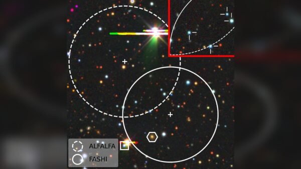 Colour image of the sky field of AGC 322753 from the DESI Legacy Imaging Surveys, showing the overlapping Arecibo (ALFALFA) and FAST (FASHI) telescope beams and the enlarged inset where no stars were found.