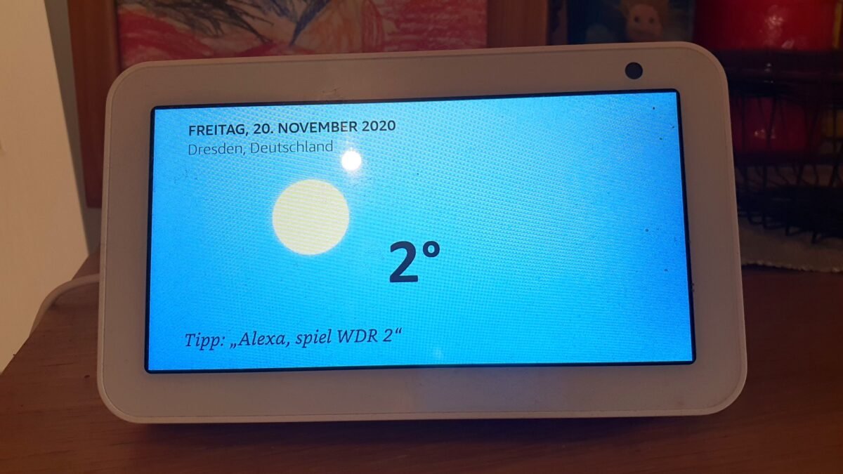 File photo: An Amazon Echo Show 5 displaying a weather screen, photographed in November 2020.