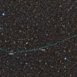 Composite image showing the orbital path of dwarf planet candidate 2026 ED138 across a crowded star field, as observed by the Vera C. Rubin Observatory.