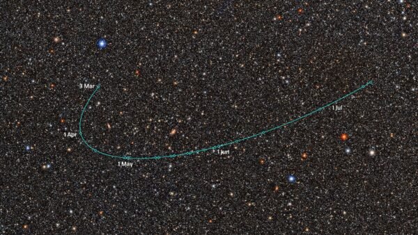 Composite image showing the orbital path of dwarf planet candidate 2026 ED138 across a crowded star field, as observed by the Vera C. Rubin Observatory.