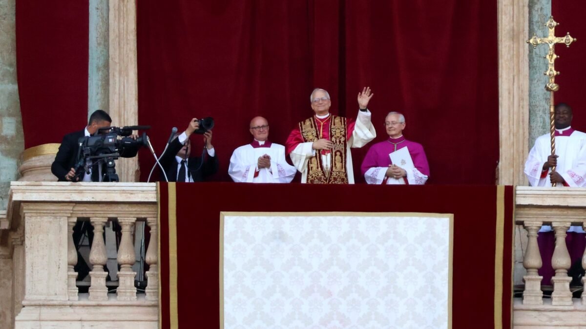 Pope Leo XIV waving from the loggia of St. Peter's Basilica after his election, May 2025.