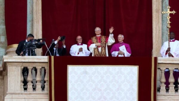 Pope Leo XIV waving from the loggia of St. Peter's Basilica after his election, May 2025.