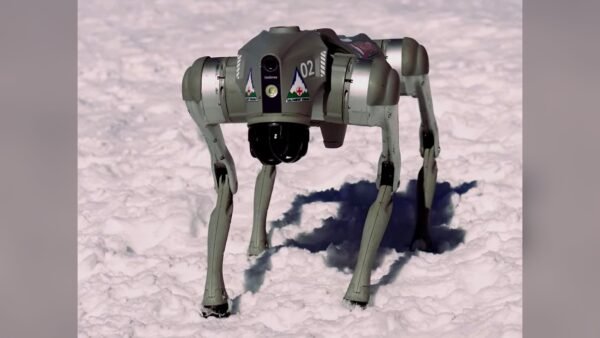 A Unitree Go2 quadruped robot dog — the same model that was presented as the university's own "Orion" innovation at the India AI Impact Summit — standing in snow.