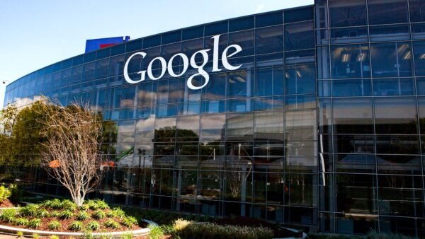 The Google logo on the glass facade of Google headquarters in Mountain View, California, in a file photograph from April 2014.