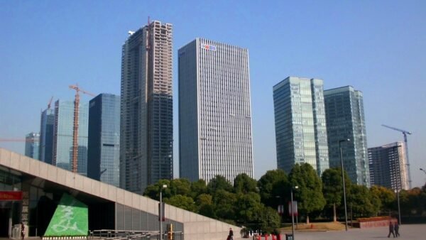 File photo: skyscrapers in Hangzhou's central business district. DeepSeek is headquartered in Hangzhou, China.