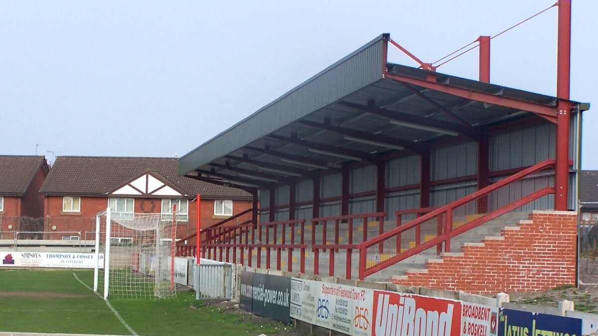 File photo: The Percy Ronson Stand at Highbury Stadium, Fleetwood, with the pitch and a goal in the foreground.