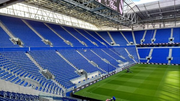 The South Stand and pitch at the Hill Dickinson Stadium, Everton's home ground, in Liverpool.