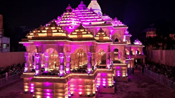 File photo: a crowd queues at an illuminated Durga Puja pandal in Kolkata at night.
