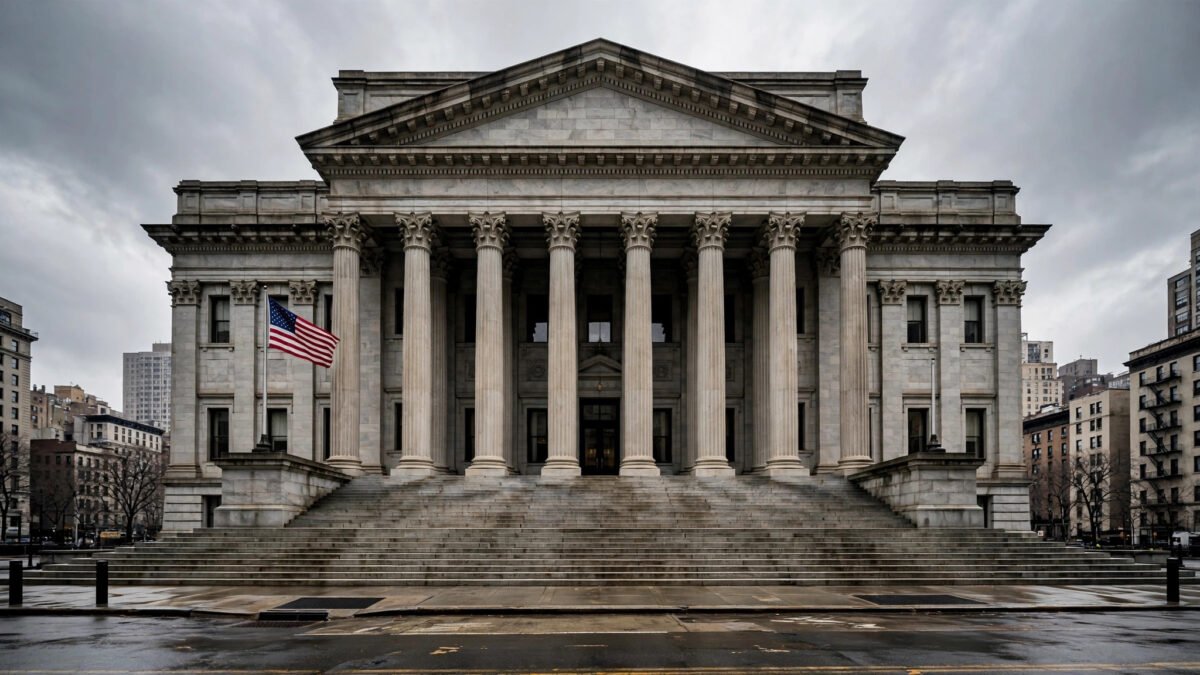Grand neoclassical federal courthouse facade in Manhattan with an American flag flying, overcast daytime sky