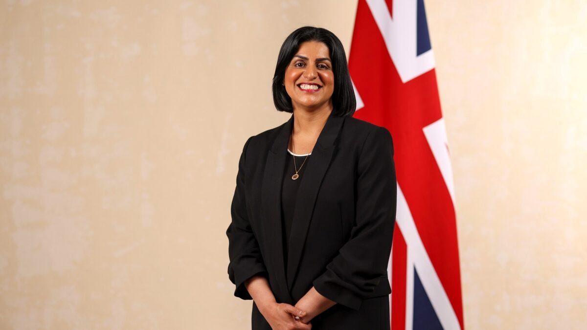 File photo (July 2024): Home Secretary Shabana Mahmood standing beside the Union Jack at her official cabinet portrait.
