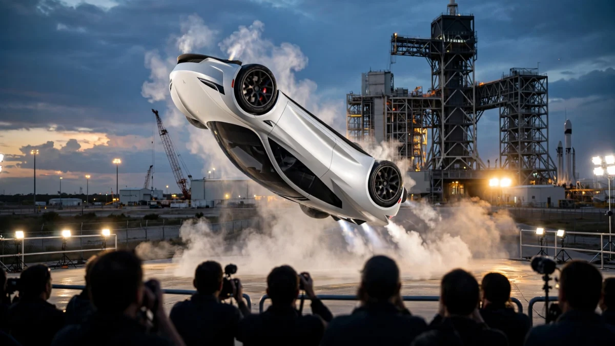 Tesla's redesigned second-generation Roadster tilted mid-air during a flying demonstration at the reveal event in McGregor, Texas, with thruster vapor plumes and a SpaceX test facility in the background