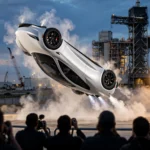 Tesla's redesigned second-generation Roadster tilted mid-air during a flying demonstration at the reveal event in McGregor, Texas, with thruster vapor plumes and a SpaceX test facility in the background