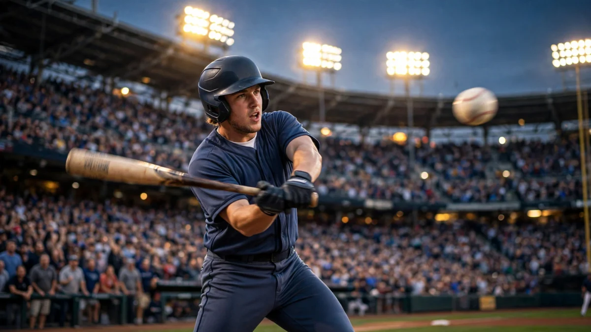 Cleveland Guardians rookie Petey Halpin swings a bat under the stadium lights during a night game, celebrating his go-ahead two-run home run that powered Cleveland past the Tampa Bay Rays 3–2 in ALCS Game 3.