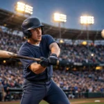 Cleveland Guardians rookie Petey Halpin swings a bat under the stadium lights during a night game, celebrating his go-ahead two-run home run that powered Cleveland past the Tampa Bay Rays 3–2 in ALCS Game 3.
