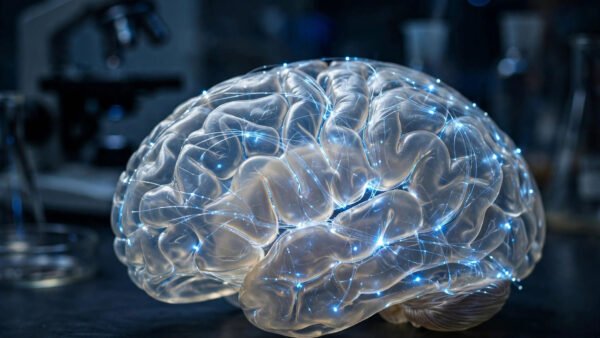 A translucent human brain glowing with threads of blue light in a dark laboratory, illustrating optogenetics — the 2026 Nobel Prize-winning technique that switches nerve cells on and off with light.