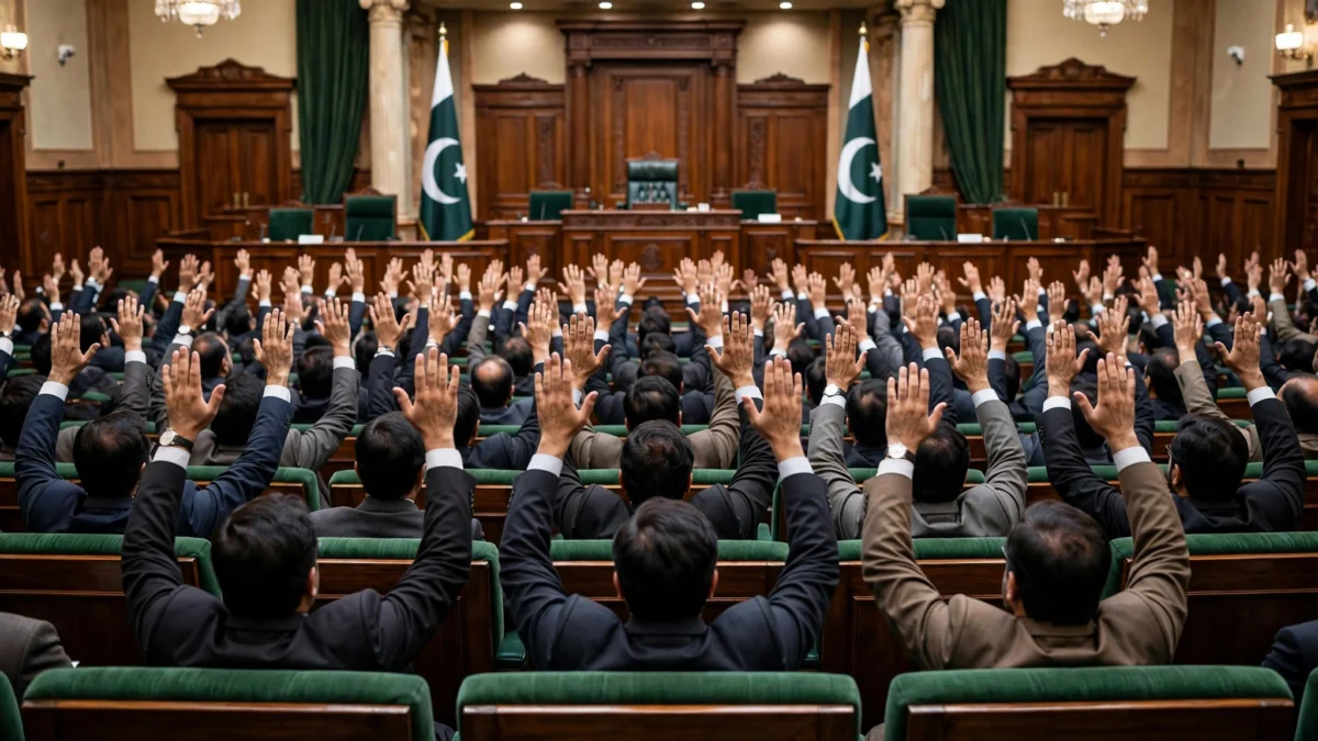 Photorealistic view of Pakistan's joint parliamentary chamber during a division vote, rows of green benches with raised hands seen from behind and two Pakistani flags, no identifiable faces