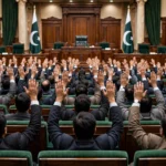Photorealistic view of Pakistan's joint parliamentary chamber during a division vote, rows of green benches with raised hands seen from behind and two Pakistani flags, no identifiable faces