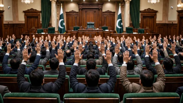 Photorealistic view of Pakistan's joint parliamentary chamber during a division vote, rows of green benches with raised hands seen from behind and two Pakistani flags, no identifiable faces