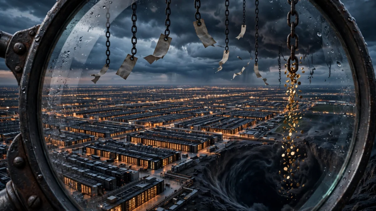 Editorial illustration of the AI debt wave: glowing data centres seen through a magnifying glass, chains and IOU papers in a stormy sky, gold coins falling into a dark pit