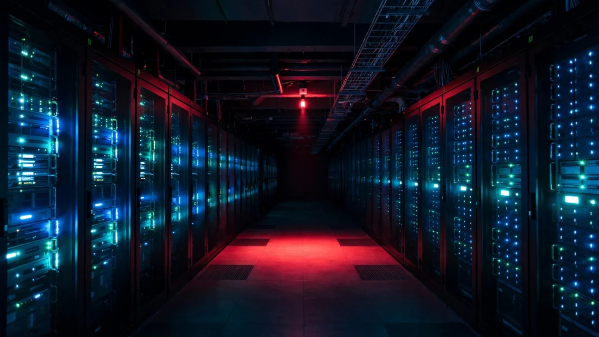 Rows of glowing server racks in a dark data center corridor washed in red warning light, symbolizing the selloff in AI infrastructure debt and stocks.
