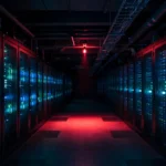 Rows of glowing server racks in a dark data center corridor washed in red warning light, symbolizing the selloff in AI infrastructure debt and stocks.