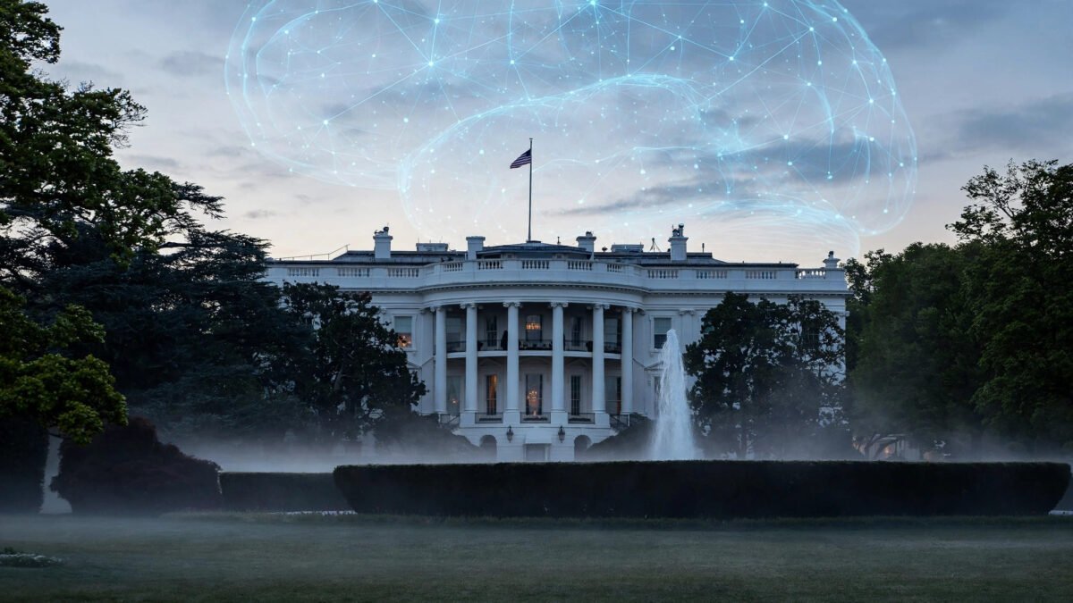 The White House at dawn with a glowing neural-network brain motif in the sky, symbolising the new US federal AI task force.