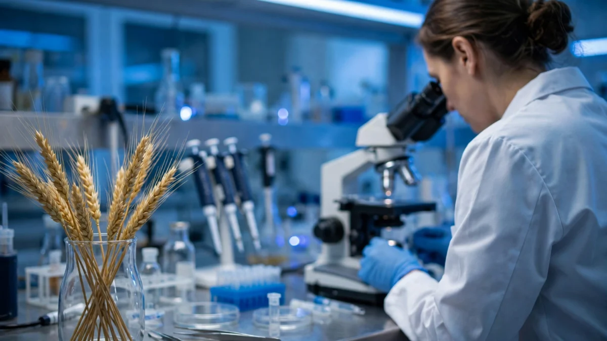 Research scientist examining samples in a modern biotech laboratory, with wheat ears in a glass vessel — editorial image for a story on an experimental celiac disease drug.