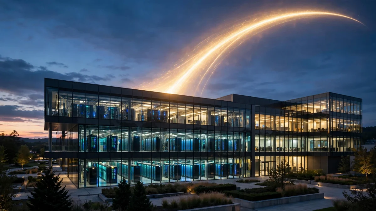 Modern glass technology headquarters glowing at dusk, with luminous data corridors and an upward-trending arc of light symbolizing soaring AI revenue growth.