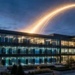 Modern glass technology headquarters glowing at dusk, with luminous data corridors and an upward-trending arc of light symbolizing soaring AI revenue growth.