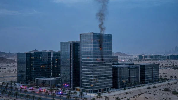 Smoke rises from an upper floor of a modern glass office complex at dusk in a Gulf oil city, with emergency vehicles below.